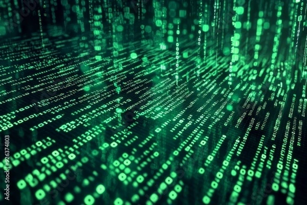 Fototapeta Green Dark Binary Code with Data Streaming Background created with Generative AI