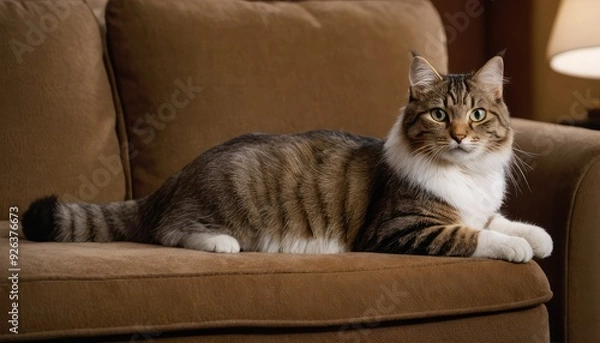 Fototapeta A content tabby American Bobtail cat rests on a brown couch, its expressive eyes capturing attention, making it the perfect image of feline grace and relaxation in a homely setting