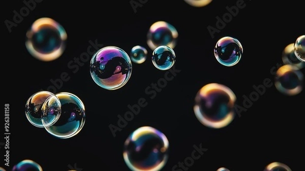 Fototapeta Mesmerizing and Colorful Bubbles Reflecting Light in a Serene and Enigmatic Dark Space, Creating a Captivating Visual Experience