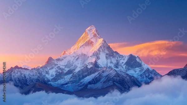 Fototapeta Himalayas mountain tops, snow-capped mountains, golden sunset shining on the almond peaks of Ama Dab, wide angle lens, HD photography, natural scenery, magnificent and awe-inspiring. High resolution.
