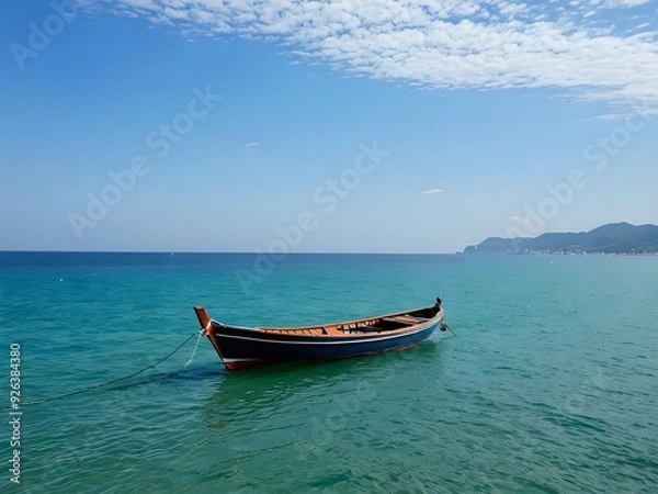 Obraz Small wooden boat anchored in turquoise water, blue sky with white clouds.