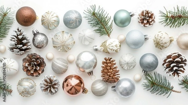 Fototapeta Elegant Christmas Background with Ornaments on White Surface