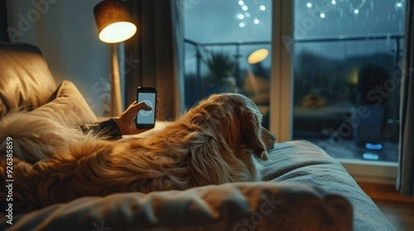 Fototapeta Pet Owner Using Calming App to Play Soothing Sounds for Dog During Thunderstorm