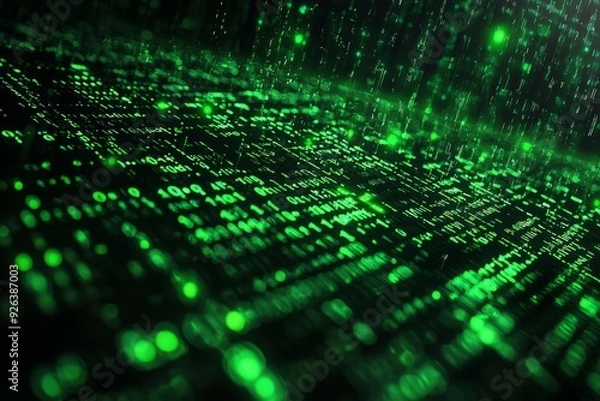 Fototapeta Green Dark Binary Code with Data Streaming Background created with Generative AI