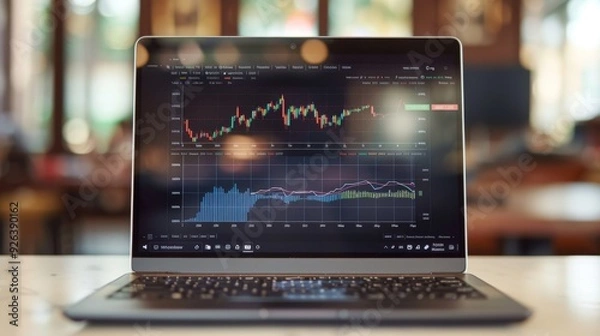 Fototapeta Laptop on table with graphs on screen