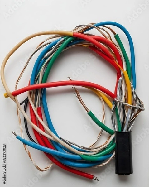 Fototapeta Spliced cable isolated on white background, Electronics and e-waste theme.