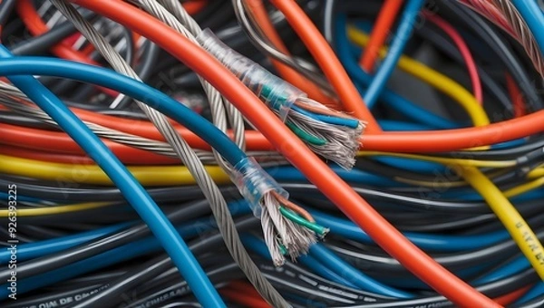 Fototapeta Spliced network cables, Electronics, Network cable and wire close-up.