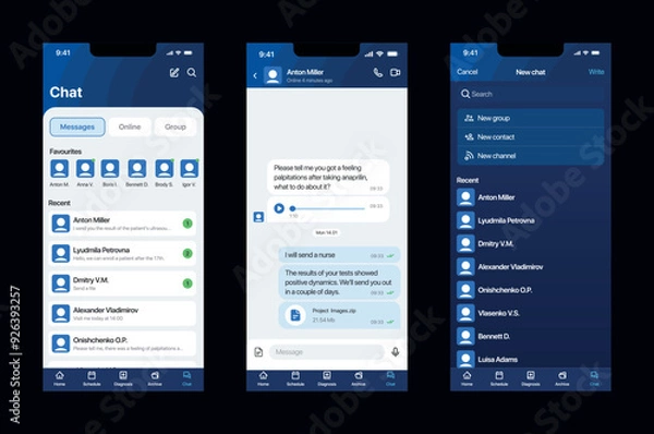 Fototapeta Chat screens in a mobile app, chat list, and detailed conversation page.eps