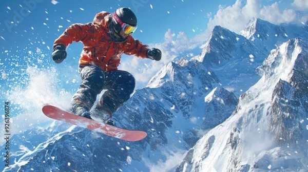 Fototapeta Snowboarder Mid-Jump with Snow Flying Against a Mountainous Backdrop.