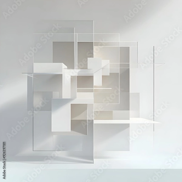 Fototapeta Interlocking Transparent Geometric Shapes in Balanced Minimalist 3D Rendered Composition