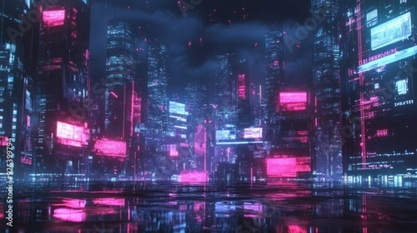 Fototapeta Futuristic Smart cyberpunk city future modern science technology background wallpaper AI generated image