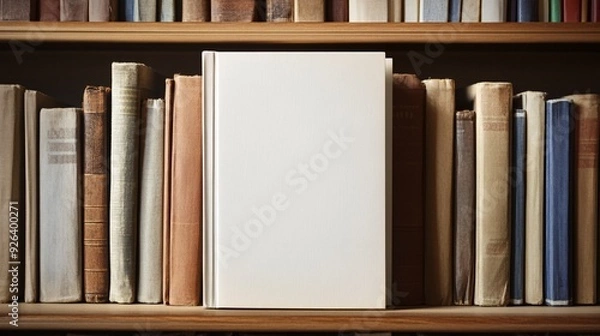 Fototapeta Blank book cover mockup on a bookshelf with vintage books.