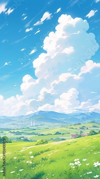 Fototapeta Summer Fields and Mountain Vistas: A Lush Green Landscape Under Blue Skies and White Clouds in a Flat Design Cartoon Style, storybook illustrations, comic strips, book illustrations and picture books