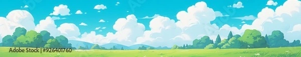 Fototapeta Summer Fields and Mountain Vistas: A Lush Green Landscape Under Blue Skies and White Clouds in a Flat Design Cartoon Style, storybook illustrations, comic strips, book illustrations and picture books