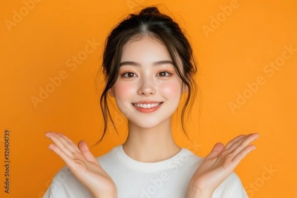 Obraz 両手を広げてどっちにするかナビゲートする日本人女性（どっち・比較・おすすめ・PR・案内・メリット・デメリット）