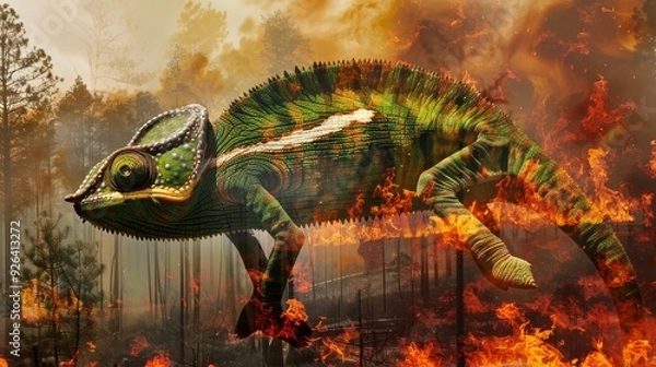 Fototapeta A bright green chameleon is running away from a fire