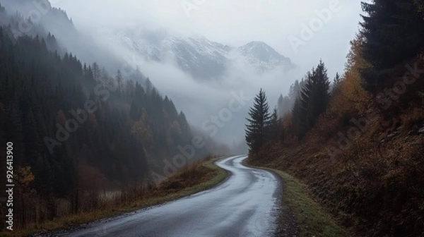Fototapeta Foggy Winding Mountain Road with Peaks Shrouded in Mist and Dense Forest Along the Path. AI generated illustration