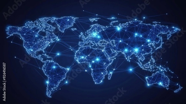 Fototapeta Abstract world map illustration showing global business data connections with interconnected lines and nodes. The vector design highlights telecommunication network links.