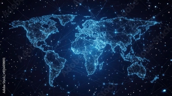 Obraz Contemporary world map design featuring abstract data connections and telecommunication network paths. Vector illustration representing global business and connectivity.