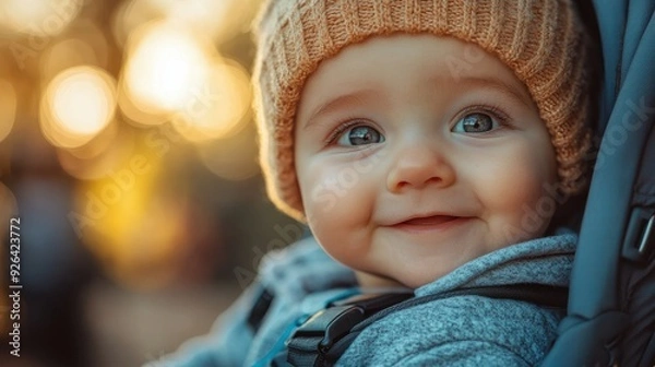 Fototapeta Cute toddler boy smiling warmly while wearing a knitted hat in soft, golden sunlight, capturing the innocence and joy of childhood in a natural outdoor setting.