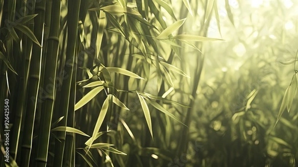 Fototapeta Lush Bamboo Thicket with Tall Stalks Swaying in the Breeze and Sunlight Filtering Through the Leaves. AI generated illustration