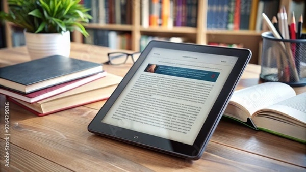 Fototapeta A digital tablet displays a reflowable ebook with words and paragraphs adapting to screen size, demonstrating a seamless reading experience on modern devices.