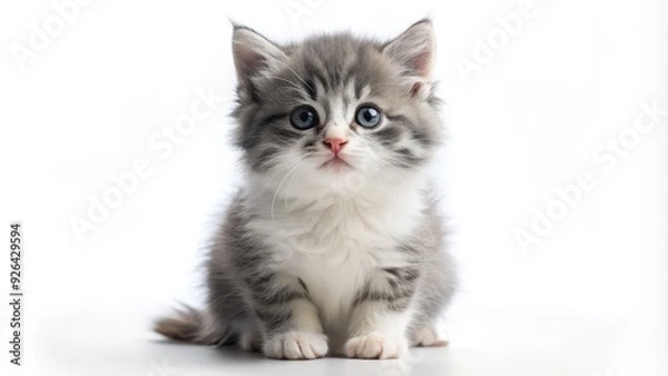 Fototapeta Adorable balls of fluff, a curious little grey and white kitten sits alone on a clean white background, capturing an innocent and playful childhood moment.