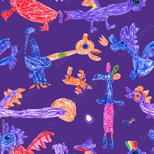 Fototapeta Hand felt-tip pen sketches of fairy tale Dragons and monsters. Seamless pattern on a dark purple background