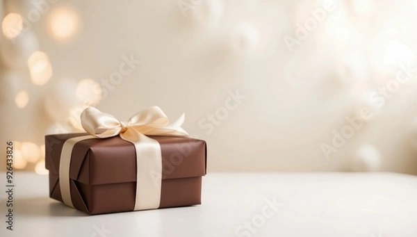 Fototapeta beautifully wrapped craft gift box in golden-brown color with a silky white ribbon tied in a neat bow against bokeh background, Men's day, father's day. Valentine's Day, birthday