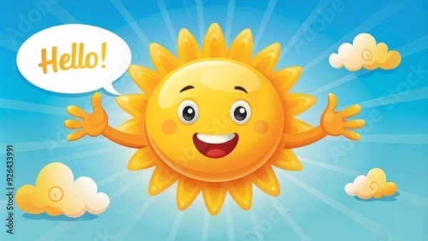Fototapeta A bright and colorful illustration of a smiling sun with outstretched arms and a speech bubble, enthusiastically greeting with a bold and playful "HELLO!