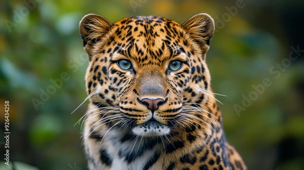 Fototapeta Magnificent picture of a rare Amur leopard. Its elegant face and piercing gaze showcase the beauty and grace of this endangered species. --ar 16:9 --v 6.1 Job ID: e3514093-a6db-4551-be68-f9449f74eb5e