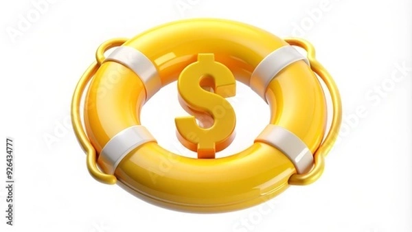 Fototapeta A bright yellow life ring with a dollar sign and question mark inside, symbolizing financial assistance and support for payment-related queries and issues.