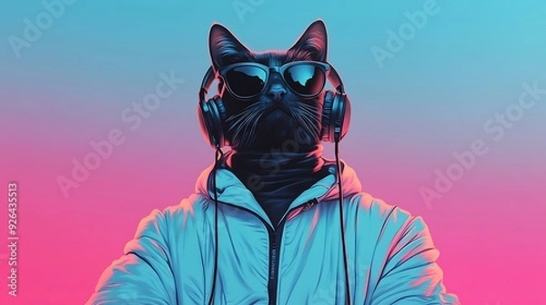 Fototapeta A black cat wearing sunglasses and headphones against a pink and blue gradient background. The cat is wearing a blue jacket and has a serious expression.