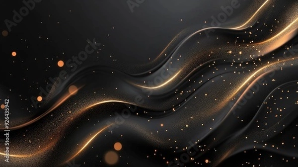 Fototapeta Premium 3D black background with flowing gold lines and shimmering effects, designed as a luxurious template with ample space for text.