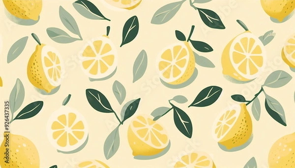 Fototapeta   yellow lemon with green stems in soft yellow background with bright vibrant illustrated in flat illustration style