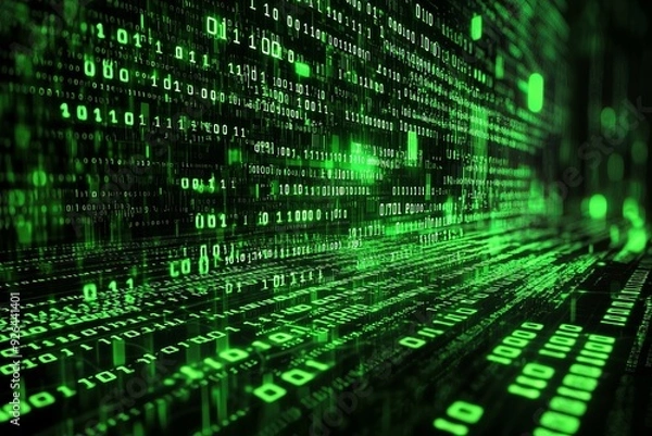 Obraz Green Dark Binary Code with Data Streaming Background created with Generative AI