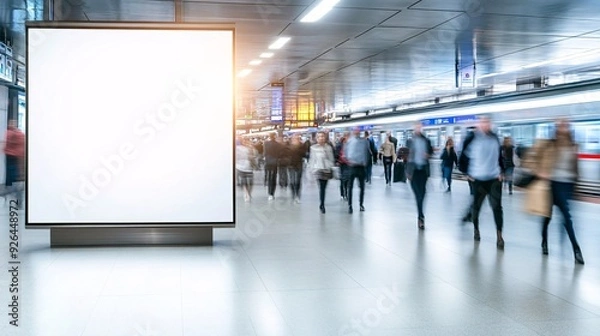 Obraz Blank billboard with people in motion blur walking past it in a subway station.