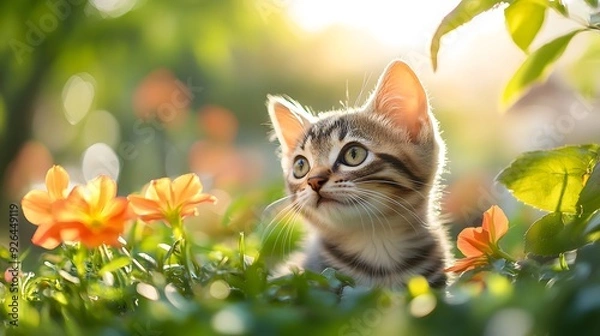 Fototapeta Playful kitten in garden, lush green grass, bright flowers, curious expression, sunlight filtering through trees, shallow depth of field, high-resolution pet photography, joyful atmosphere.