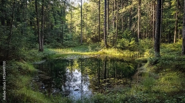 Fototapeta Secluded Forest Glade with a Crystal-Clear Pond Surrounded by Towering Trees and Thick Underbrush. AI generated illustration