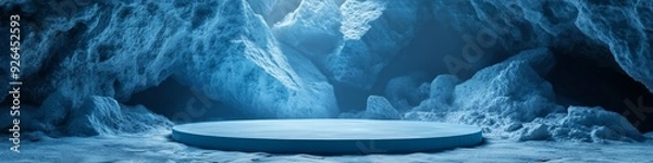 Fototapeta Icy Winter Wonderland: 3D Glacial Podium for Skincare Product Display. Abstract Frozen Landscape with Ice Mountains and Crystal Platform. Frosty Marketing Background for Season-End Sale, Web Posters, 