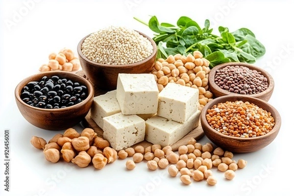Fototapeta Healthy assortment of legumes, grains, and tofu arranged on a white background