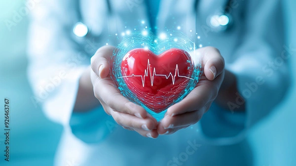 Obraz A medical professional holding a heart symbol with digital health data overlay, representing the integration of technology in modern healthcare for enhanced cardiovascular care and diagnostics