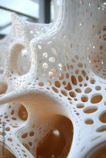 Fototapeta Abstract 3D Printed White Structure with  Circular Holes
