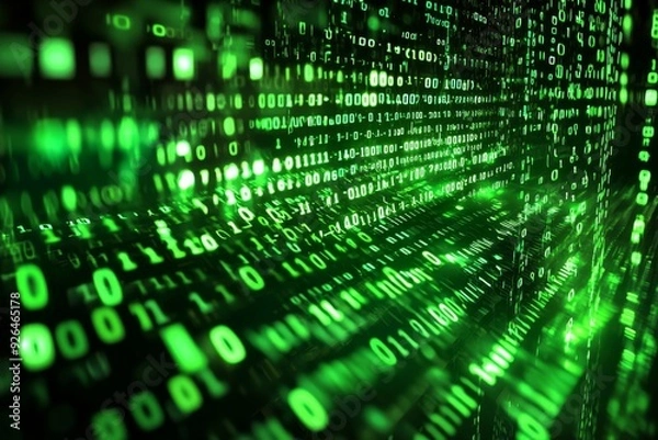 Fototapeta Green Dark Binary Code with Data Streaming Background created with Generative AI