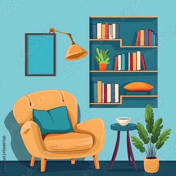 Fototapeta Cartoon Illustration of a Cozy Living Room with a Bookcase