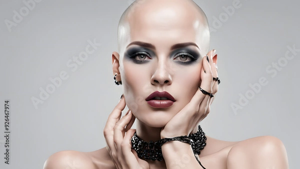 Obraz a woman with a bald head wearing makeup that emphasizes her eyes and lips she touches her face