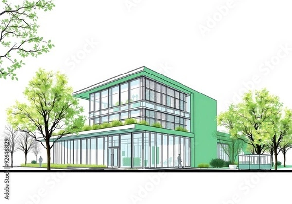 Obraz Modern architectural sketch of a green building , symbolizing sustainable design and eco-friendly construction.