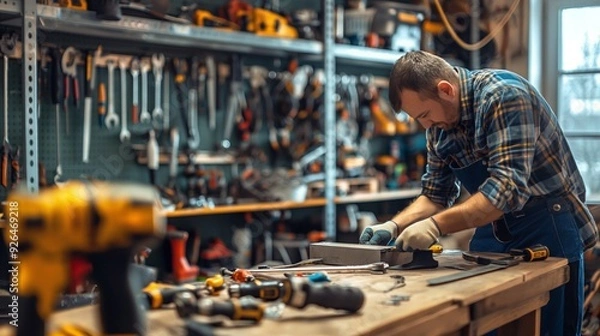 Fototapeta couple tidying up their garage, organizing tools