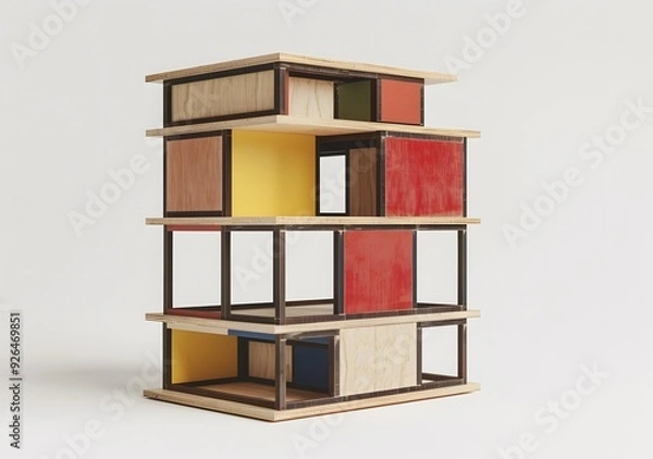Obraz Abstract Minimalist Wooden Model Building with Colored Panels