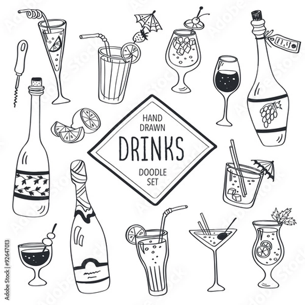 Fototapeta Drinks doodle set. Hand drawn cocktails icons isolated on white background. Doodle beverages collection. Bottles, glass, cocktails. Water, wine and juice.